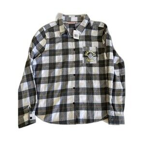 Stranger Things Embroidery Long Sleeve Plaid Flannel Shirt White Gray Large